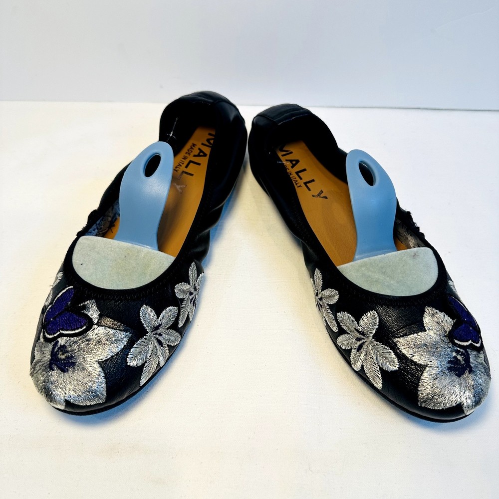 NIB Mally Women Black Leather Embroidered Silver Flower Ballet Flats SZ 39 Italy